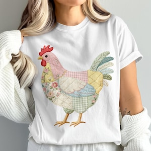 Quilted Chicken Design, Patchwork Hen Art, Farm Animal Illustration, Country Charm Decor, Rustic Farmhouse Aesthetic, Floral Gingham