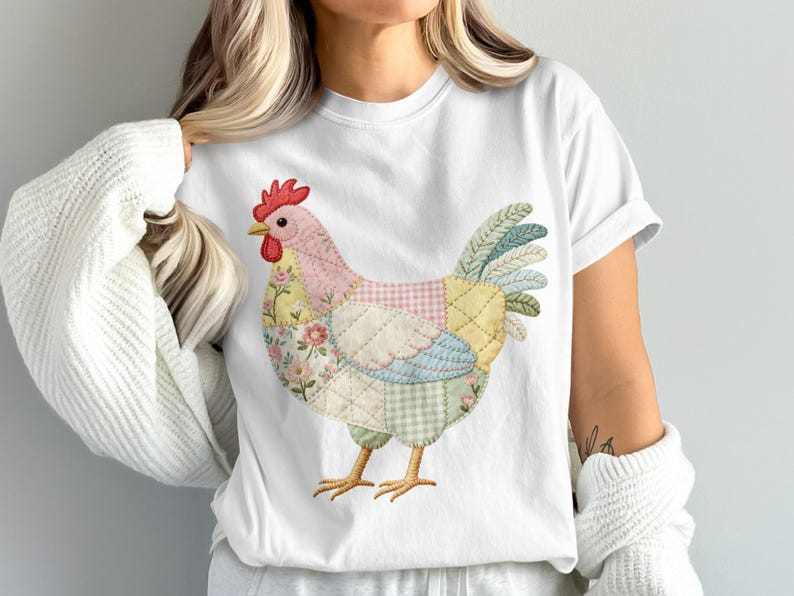 Quilted Chicken Design, Patchwork Hen Art, Farm Animal Illustration, Country Charm Decor, Rustic Farmhouse Aesthetic, Floral Gingham