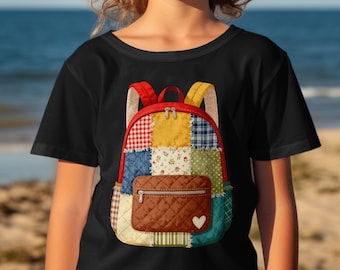 Faux Patchwork Backpack Kids T-Shirt, Cute Back To School Quilted Print Shirt, Toddler Cottagecore Vintage Style Graphic Tee