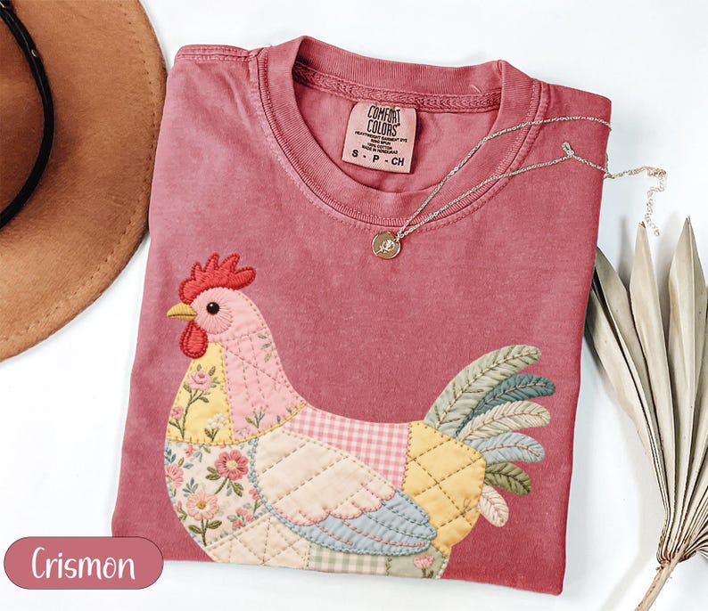 Quilted Chicken Shirt, Patchwork Rooster Tee, Comfort Colors Farm Animal Graphic, Embroidered Hen Design, Cottagecore, Vintage Gift

Quilted