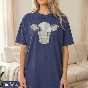 Cow Print T-Shirt, Navy Blue Casual Tee, Cute Animal Graphic Top, Women's Summer Shirt, Trendy Farm Animal Apparel, Gift for Her
