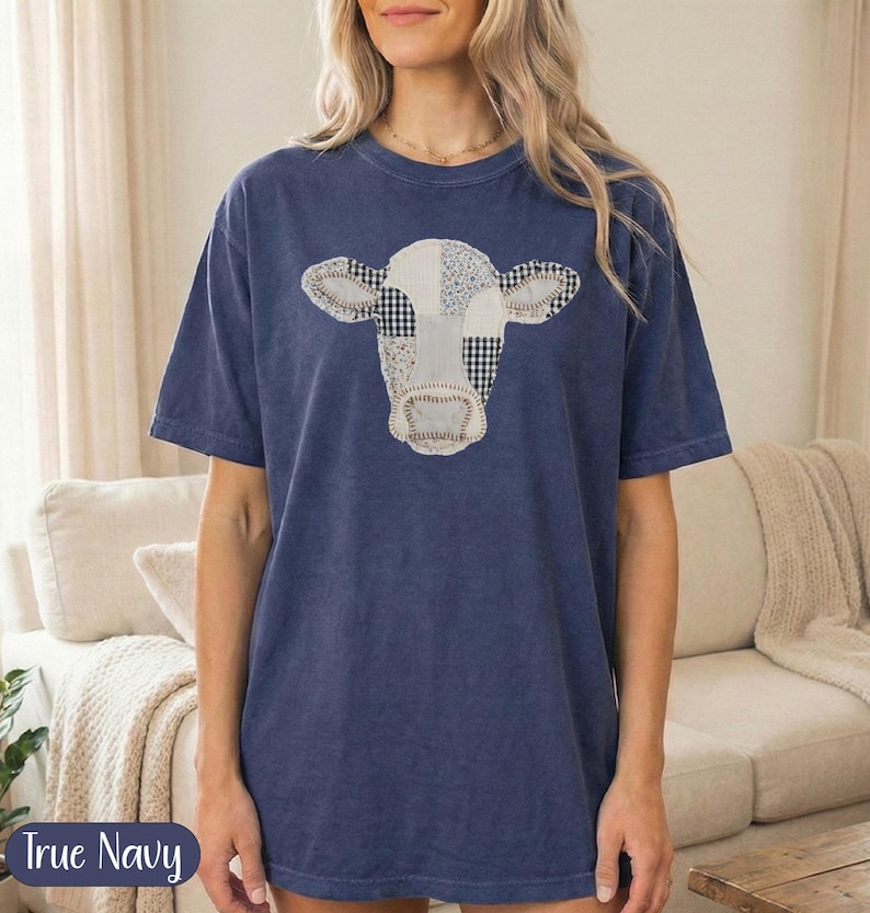 Cow Print T-Shirt, Navy Blue Casual Tee, Cute Animal Graphic Top, Women's Summer Shirt, Trendy Farm Animal Apparel, Gift for Her
