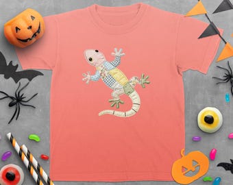 T-shirt met imitatiepatchwork gekko voor kinderen | Grillige hagediskleding | Leuk pastelkleurig T-shirt met dierenprint | Cottagecore-cadeau voor peuters
