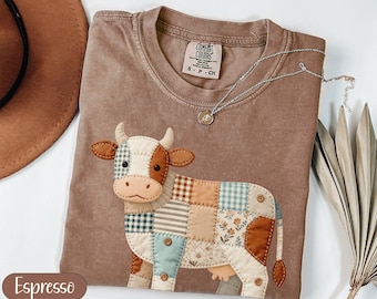 Faux Patchwork Kuh T-Shirt, Gestepptes Bauernhof Tier T-Shirt, Cottagecore Gingham Design, Rustikaler Bauernhausstil Rinder Grafik TShirt
