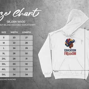 Gildan 18500 hoodie size chart with measurements and graphic art.