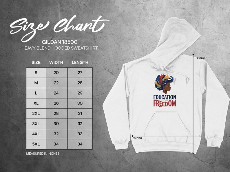Gildan 18500 hoodie size chart with measurements and graphic art.