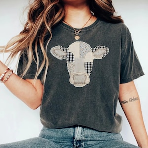 Cow Print Graphic Tee, Patchwork Cow Shirt, Country Farm Animal Top, Cute Boho Cow Design, Casual Graphic T-Shirt, Women's Tee