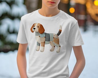 パッチワークドッグTシャツキッズ、素朴なビーグル子犬Tシャツ、コテージコアアニマルシャツ、フェイクキルティングデザインの幼児男の子女の子トップス