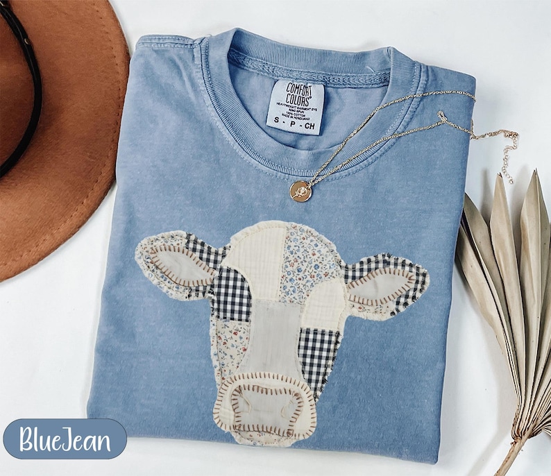 Cute Cow Design Shirt, Blue Denim Color Tee, Farm Animal Themed Top, Unique Animal Print TShirt, Casual Everyday Wear, Gift for Her