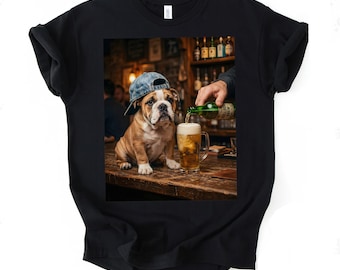 Lustiges Bulldogge T-Shirt, niedliches Hund Bar Szene Grafik Tee, Bier-Liebhaber-Welpen-Shirt, Haustier-Besitzer Geschenkidee für ihn sie