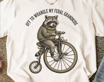Wilde Enkelkinder T-Shirt, lustiges Oma Geschenk, Waschbär, Fahrrad, Großeltern-T-Shirt, Vintage Penny Farthing Shirt, schrulliges Großvater-Top