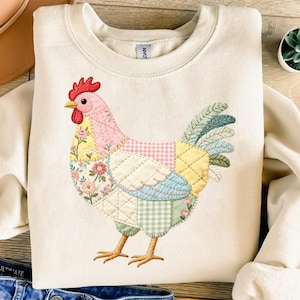 Patchwork Chicken Design, Quilted Hen Print, Floral Gingham Farmhouse Art, Cute Cottagecore Easter Spring Bird Image, Boho Aesthetic Gift