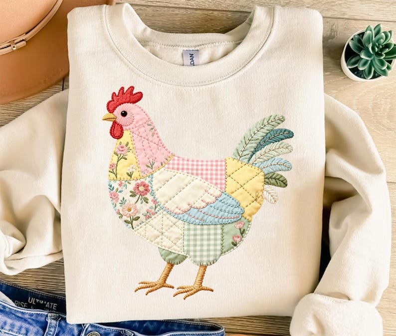 Patchwork Chicken Design, Quilted Hen Print, Floral Gingham Farmhouse Art, Cute Cottagecore Easter Spring Bird Image, Boho Aesthetic Gift