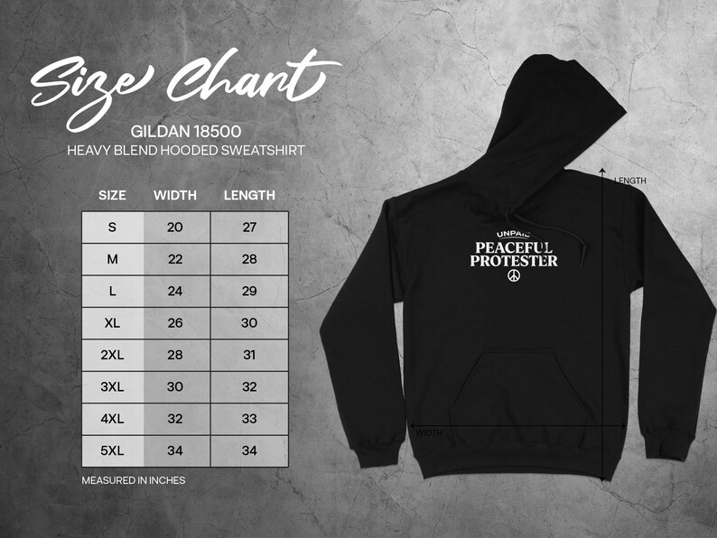 Gildan 18500 hooded sweatshirt size chart with measurements for width and length.
