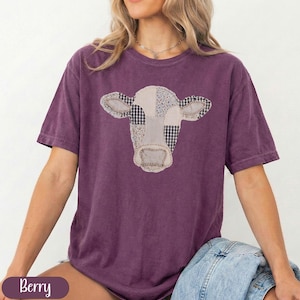 Cow Applique T-Shirt, Berry Colored Tee, Animal Print Graphic Top, Fun Farm Animal Shirt, Cute Casual Summer Outfit, Women’s Patchwork Tee