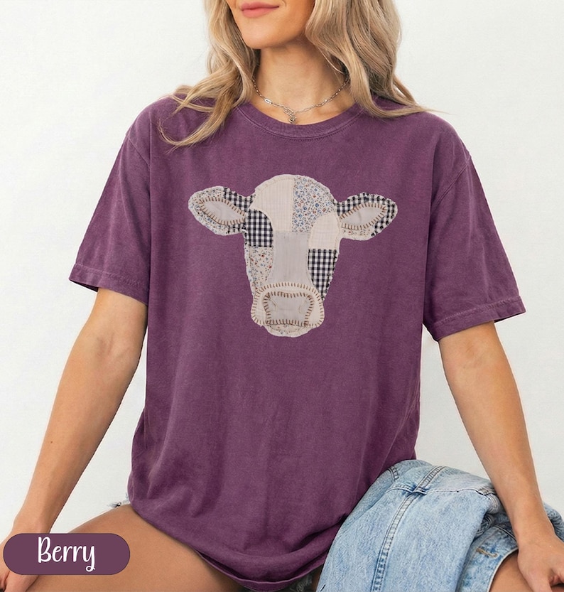 Cow Applique T-Shirt, Berry Colored Tee, Animal Print Graphic Top, Fun Farm Animal Shirt, Cute Casual Summer Outfit, Women’s Patchwork Tee