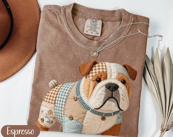 Faux Patchwork Bulldog T-Shirt, Quilted Farmhouse Dog Tee, Cottagecore Gingham Pet Lover Graphic Shirt, Vintage Animal Gift