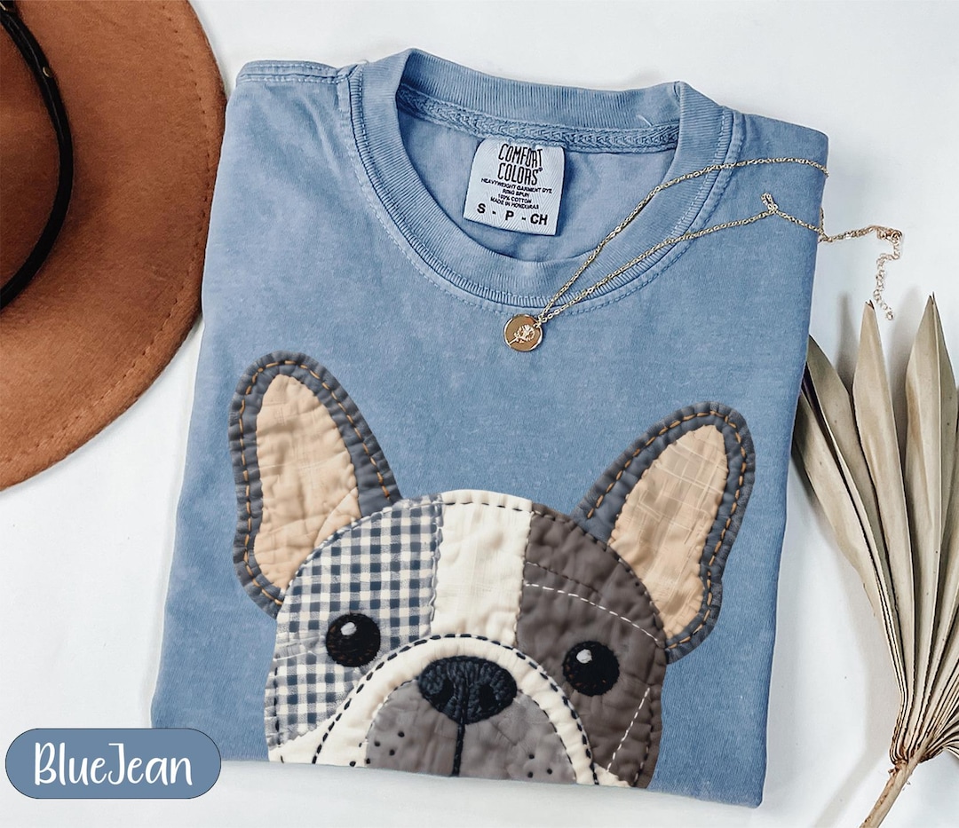 Faux Patchwork French Bulldog T-Shirt, Quilted Frenchie Dog Tee, Gingham Pattern Puppy Lov