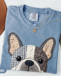 Faux Patchwork French Bulldog T-Shirt, Quilted Frenchie Dog Tee, Gingham Pattern Puppy Lov