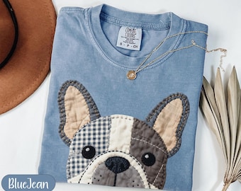 Faux Patchwork French Bulldog T-Shirt, Quilted Frenchie Dog Tee, Gingham Pattern Puppy Lover Gift, Cottagecore Pet Art