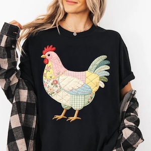 Patchwork Chicken Shirt, Quilted Hen Design, Farm Animal Lover Gift, Floral Gingham Print, Cute Country Farmhouse Top, Boho Rooster
