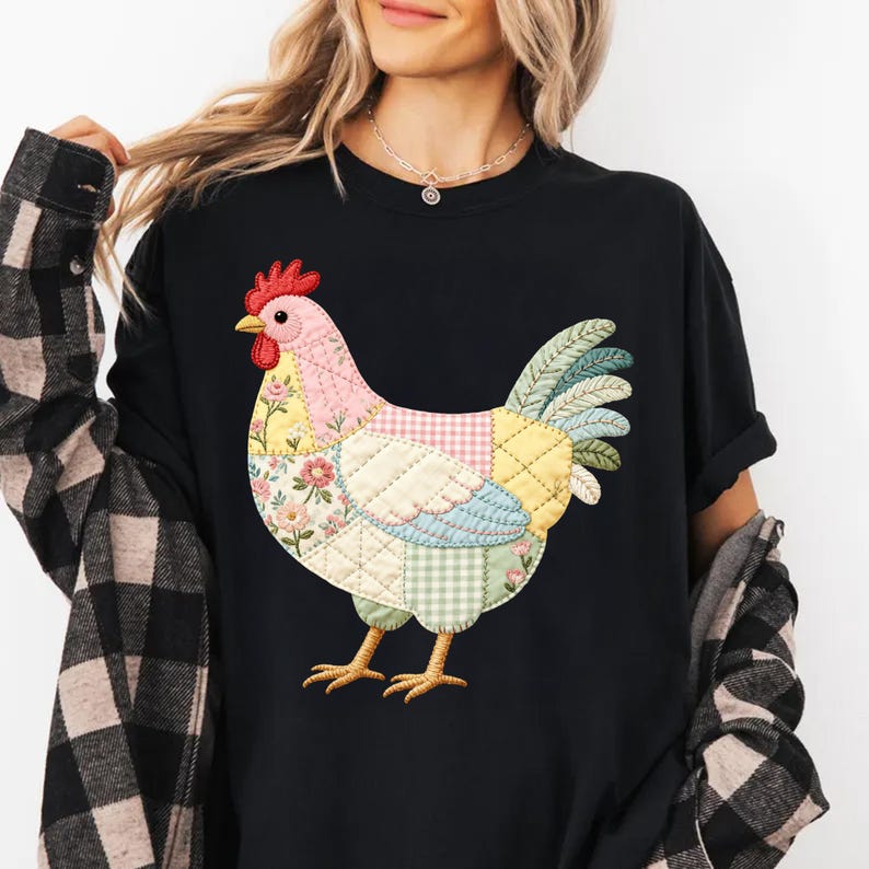 Patchwork Chicken Shirt, Quilted Hen Design, Farm Animal Lover Gift, Floral Gingham Print, Cute Country Farmhouse Top, Boho Rooster