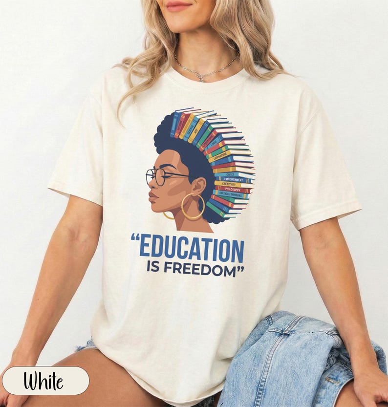 Woman with books in her hair and "Education is Freedom" text.