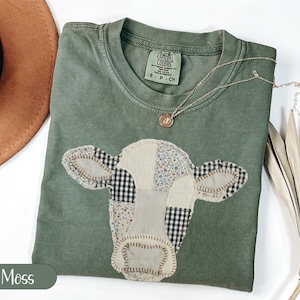 Cow Print Green T Shirt for Women, Cute Farm Animal Graphic Tee, Casual Vintage Cow Patchwork Shirt, Rustic Country Style Top