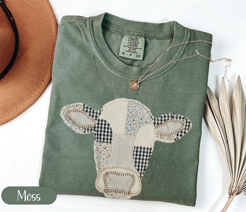 Cow Print Green T Shirt for Women, Cute Farm Animal Graphic Tee, Casual Vintage Cow Patchwork Shirt, Rustic Country Style Top