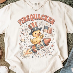 Firequacker Vaterländisches Enten-T-Shirt, Vintage USA-Unabhängigkeitstag-T-Stück, 4. Juli Rocket Uncle Sam-Shirt, niedliches Sommer-Flaggen-Oberteil