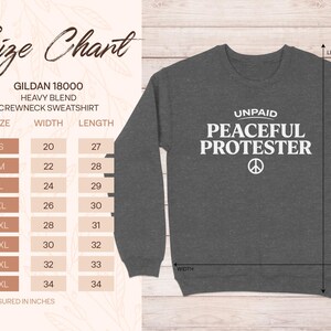 Gildan 18000 sweatshirt size chart for crewneck, with measurements in inches.