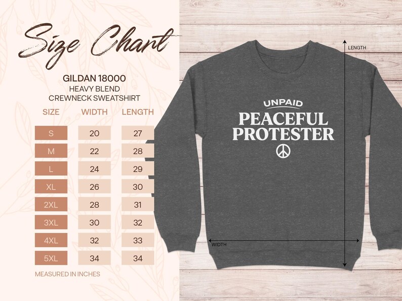 Gildan 18000 sweatshirt size chart for crewneck, with measurements in inches.