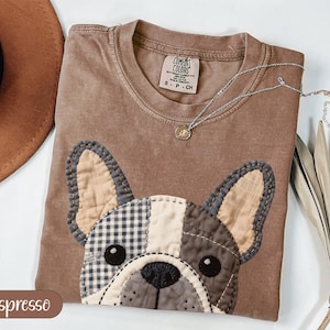 Brown t-shirt with a patchwork French bulldog graphic and "Espresso" text.