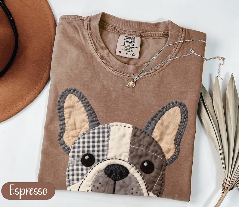 Brown t-shirt with a patchwork French bulldog graphic and "Espresso" text.