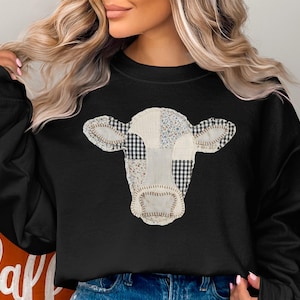Cow Print Sweatshirt, Patchwork Cow Shirt, Farm Animal Graphic Pullover, Cute Cow Face Top, Cozy Fall Clothing, Women's Casual Sweater