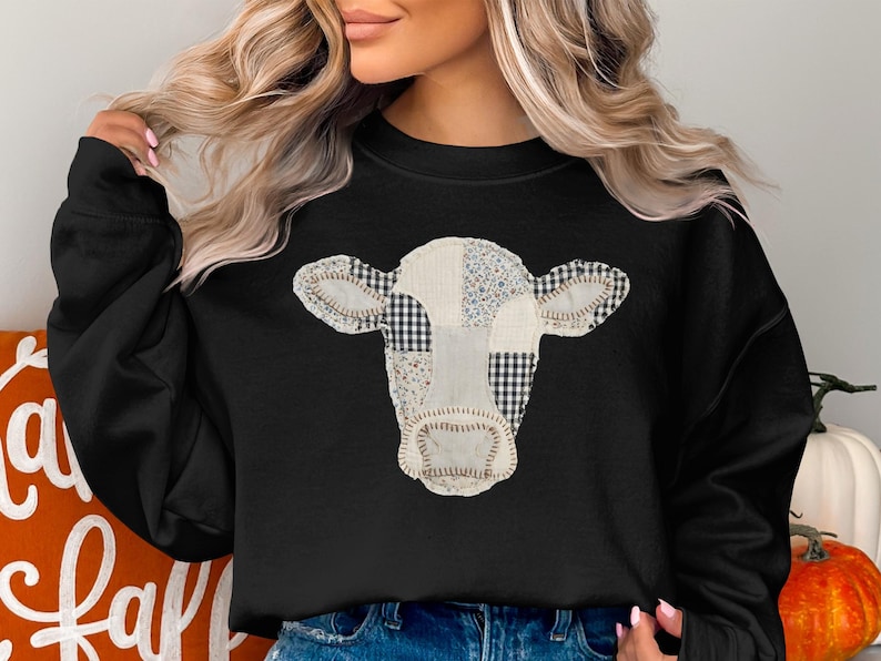 Cow Print Sweatshirt, Patchwork Cow Shirt, Farm Animal Graphic Pullover, Cute Cow Face Top, Cozy Fall Clothing, Women's Casual Sweater