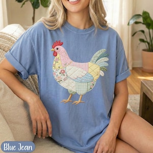 Patchwork Chicken Design, Quilted Hen Applique Print, Farmhouse Cottagecore Floral Gingham Art, Rustic Farm Animal Shirt, Unique Spring Gift