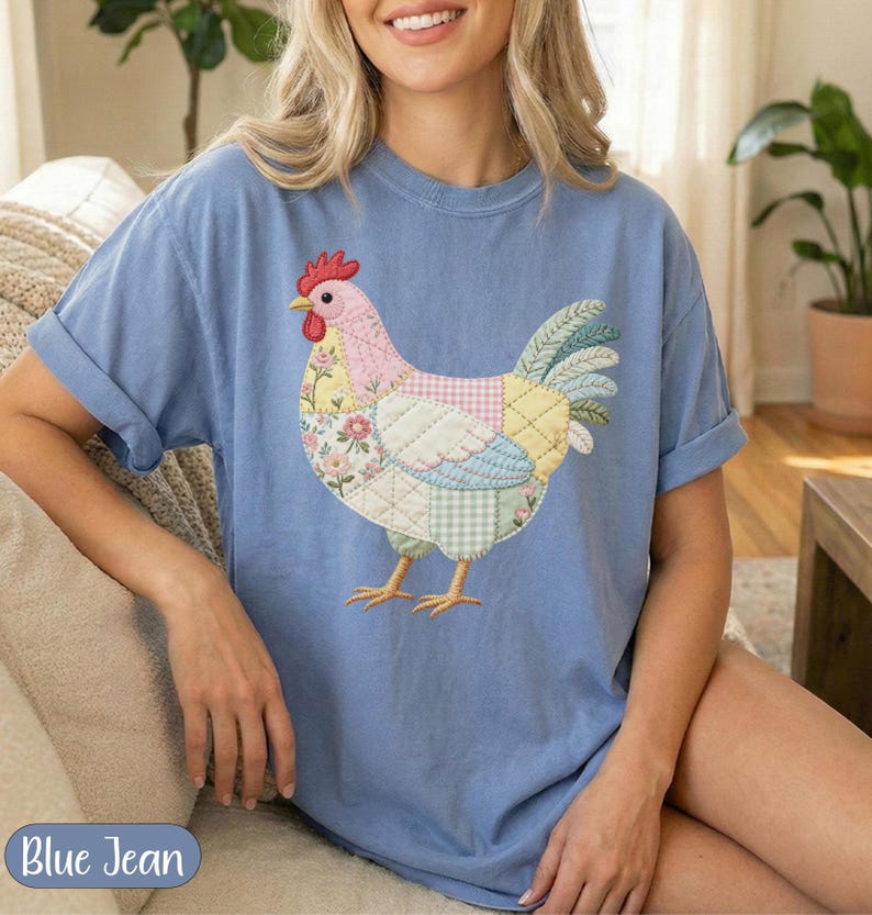 Patchwork Chicken Design, Quilted Hen Applique Print, Farmhouse Cottagecore Floral Gingham Art, Rustic Farm Animal Shirt, Unique Spring Gift