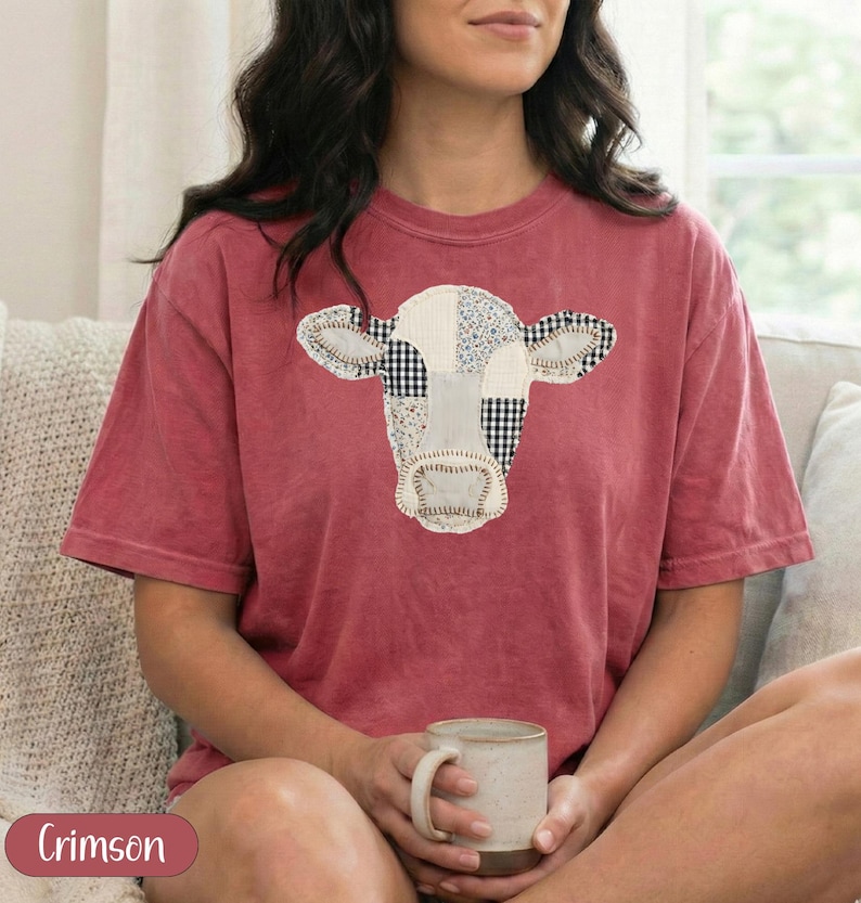 Cow Patchwork Design Womens Crimson T-Shirt, Country Animal Graphic Tee, Farmhouse Style Casual Top, Cute Cow Print Shirt
