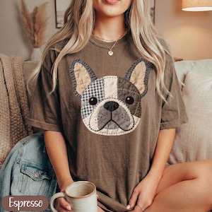Brown t-shirt with a quilted French bulldog graphic and "Espresso" text.