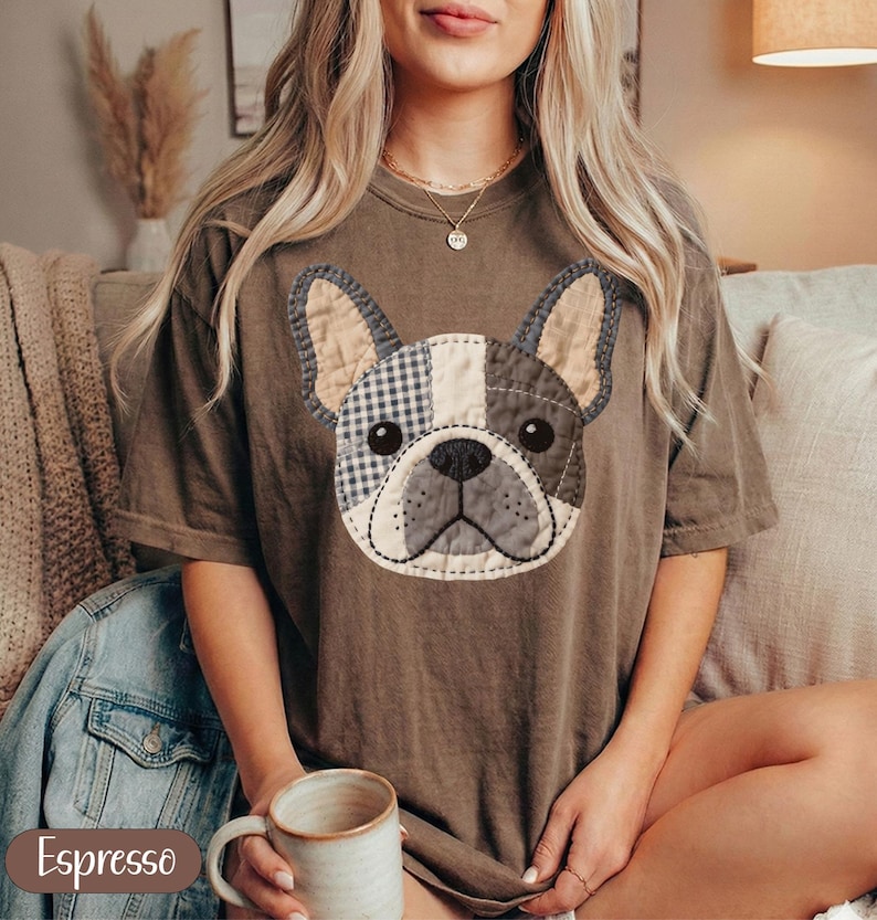 Brown t-shirt with a quilted French bulldog graphic and "Espresso" text.