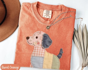 Hunde Liebhaber Geschenk T-Shirt, Patchwork Welpe T-Shirt, Einzigartiges Gesteppter Hund Design, Süßes Haustier Kleid, Hunde Mama Geschenk, Buntes Canine Shirt, Hundekunst