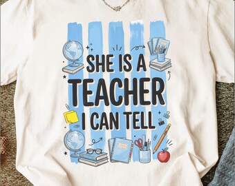 She Is A Teacher T-Shirt with School Supplies Graphic, Thank You Teacher Appreciation Gift Tee for Educators