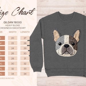 Gildan 18000 sweatshirt size chart with French bulldog graphic.