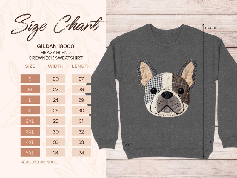 Gildan 18000 sweatshirt size chart with French bulldog graphic.