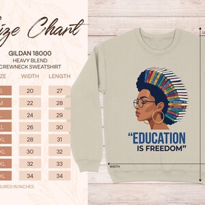 Gildan 18000 size chart with woman reading book sweatshirt illustration.