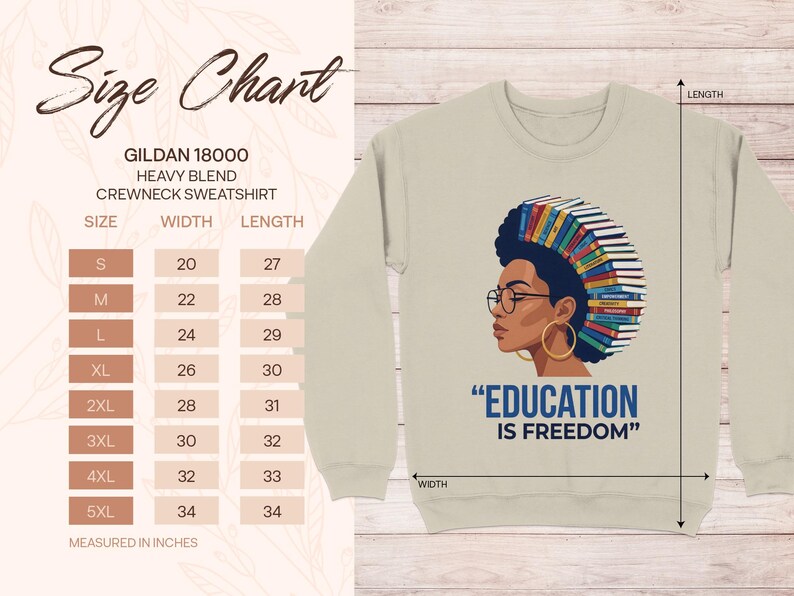 Gildan 18000 size chart with woman reading book sweatshirt illustration.