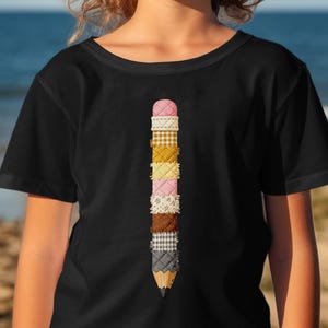 Faux Patchwork Pencil T-Shirt for Kids, Cottagecore Teacher Appreciation Gift, Whimsical Back to School Student Tee, Quilted Fabric Look Art