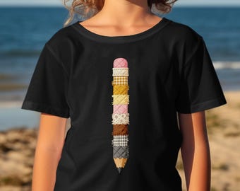 Faux Patchwork Pencil T-Shirt for Kids, Cottagecore Teacher Appreciation Gift, Whimsical Back to School Student Tee, Quilted Fabric Look Art