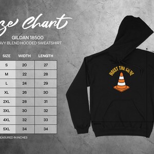 Gildan 18500 hooded sweatshirt size chart with width and length measurements.